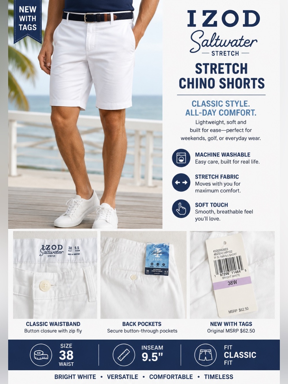 NWT IZOD Saltwater Stretch Chino Shorts Men’s 38W Bright White Classic Fit 9.5”
